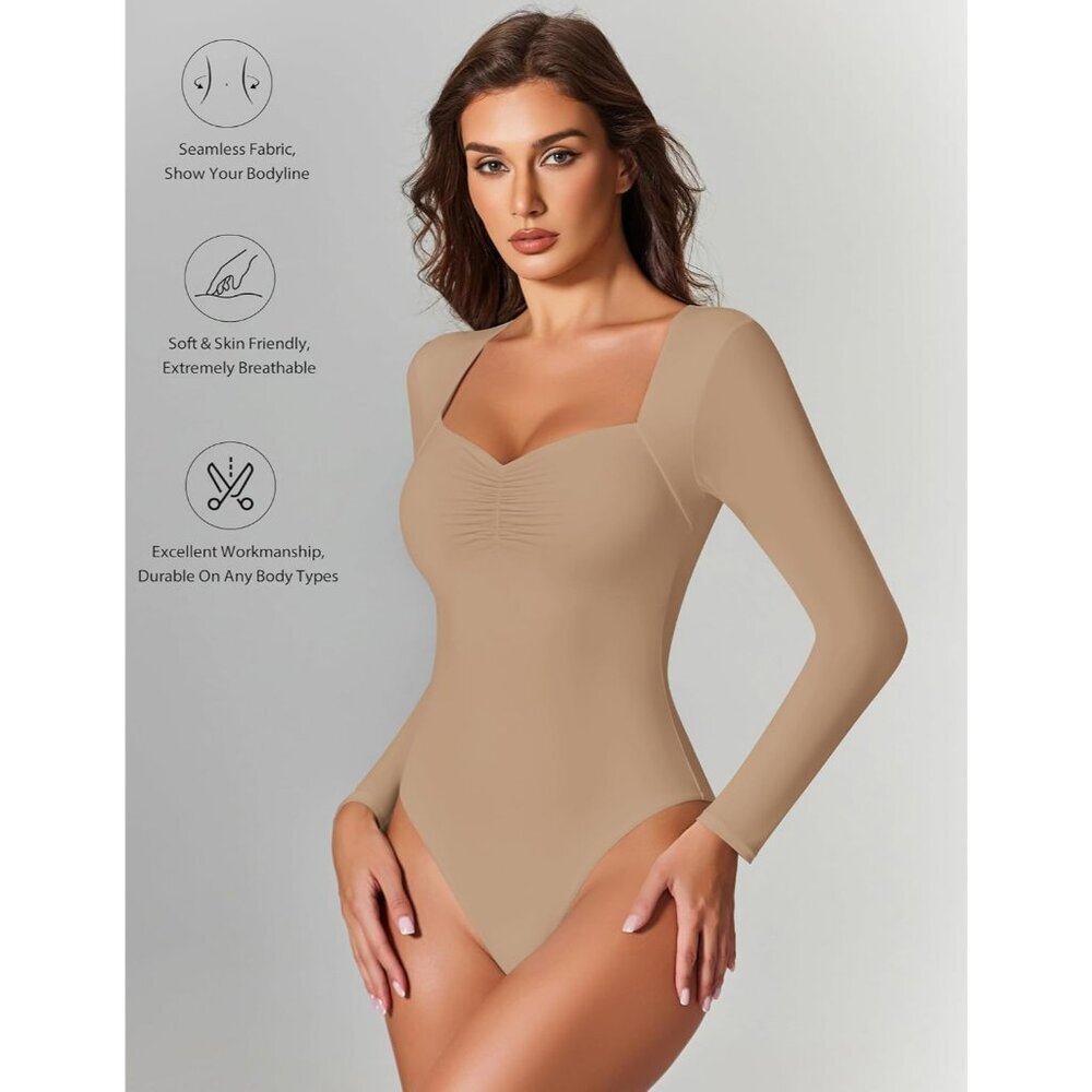 Women's Neckline Sexy Dark Beige Bodysuit Sweetheart Long Sleeve Double Tops - Picture 2 of 6